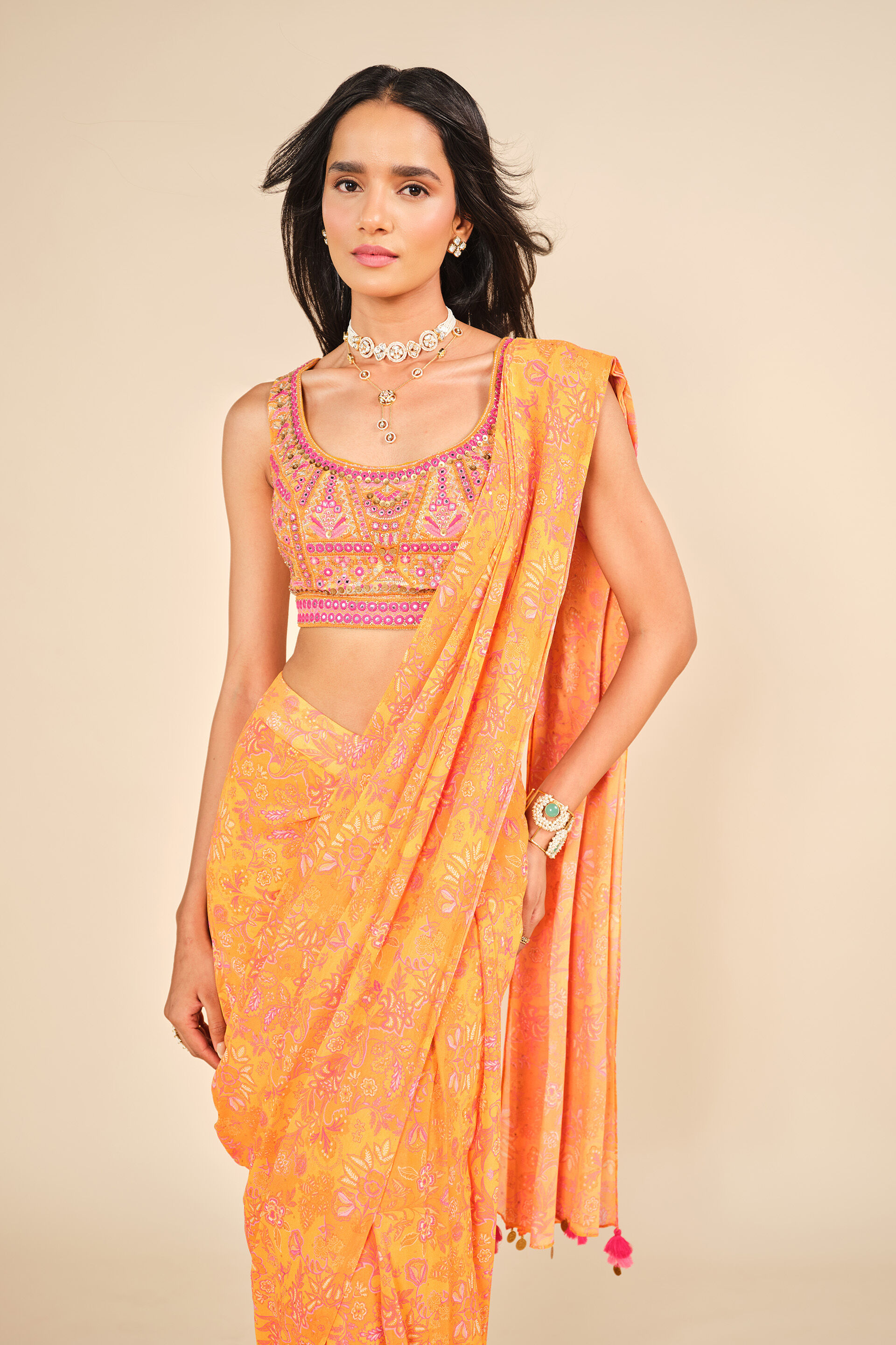 Kanchi Pre-draped Saree, Mustard, image 5